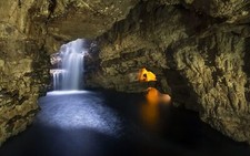 Landscape cave waterfall scotland sunlight erosion Custom Gaming Mat Desk picture