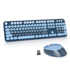Wireless Keyboard & Mouse Set Retro Typewriter Round Keycaps for PC Laptop Blue picture