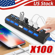 USB Hub 7 Port On/Off Switch High Speed Splitter AC Adapter Cable PC Laptop Lot picture