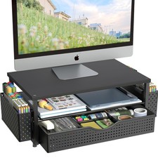 Computer Monitor Stand Riser with Drawer and Pen Holders Black Wood and Metal picture