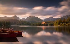 Landscape mountains boat trees lake clouds house sky Custom Gaming Mat Desk picture