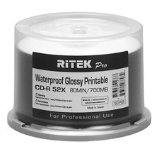 200 Ritek Pro CD-R 52X 700MB Water Resistant Glossy White Inkjet Printable Disc picture