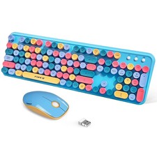 FOPETT 2.4GHz Blue Pink Wireless Keyboard and Mouse Set Retro picture