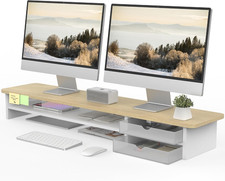 Monitor Stand, Desk Riser with Frosted Acrylic Drawers, Oak, Supports Dual picture