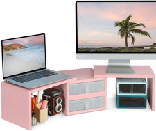 Pink Dual Monitor Stand Riser with Drawers and Adjustable Length 37 Inch for picture