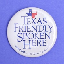 Retro Vintage Computing Texas Friendly Spoken Here Omnicomp Badge Lapel Pin 90’s picture