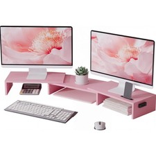 Dual Monitor Stand Riser, Adjustable Length & Swivel Angle, Pink, Ergonomic Desi picture