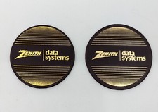 Set of Two Vintage Zenith Data Systems Leather Drink Coasters, Maroon & Gold picture