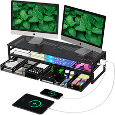 Computer Monitor Stand Dual Tier Metal with USB Ports and Drawers Black 32 Inch picture