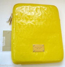 NEW-MICHAEL KORS ELECTRONICS CITRUS YELLOW MK LOGO LEATHER+GOLD IPAD CASE/COVER picture