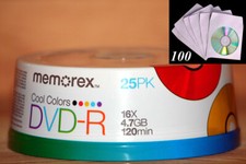 50 Memorex 16X Cool Color DVD-R Media + 100 White/Color  CD/DVD Paper Sleeve picture