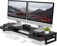 Dual Monitor Stand Riser with Drawers, 42.5 Inch Desk Shelf, Black Steel MDF picture