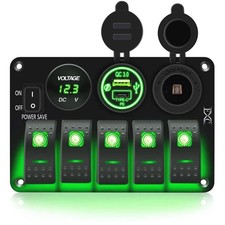 Waterproof 5 Gang Rocker Switch Panel with QC3.0 USB, Type-C, Cigarette Lighter picture