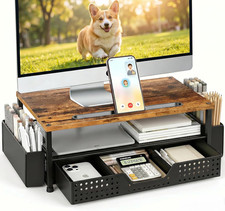 2-Tier Wood Monitor Stand Riser with Phone Holder Drawer Pen Holders picture