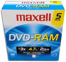 5-Pak Maxell 4.7GB 3X DVD-RAM in Type-2 Cartridges with Hard Coating, #636040 picture