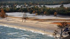 Landscape nature far view trees beach sand forest water Custom Gaming Mat Desk picture