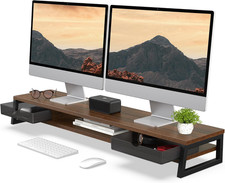 Dual Monitor Stand Riser with 42.5 Inch Desk Shelf and Drawers Brown, Ergonomic picture
