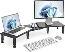 Dual Monitor Stand Riser with Adjustable Height Steel Legs Wood Desk Organizer picture