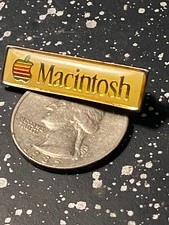 Vtg  Apple Computer Macintosh Rectangle Pin Lapel Yellow Backing Rare Enamel picture