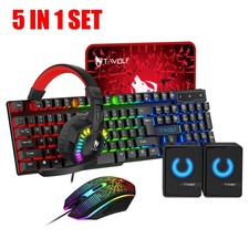 5-in-1 Wired Gaming Keyboard Mouse Headset Mouse Pad Speaker RGB LED PC Gamer picture